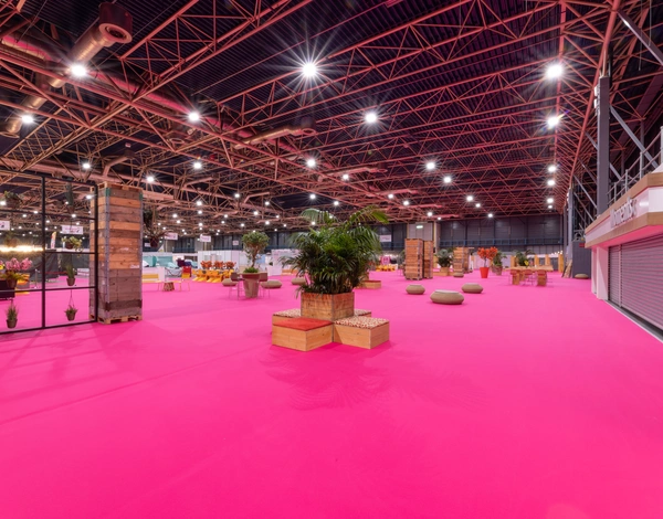 bright pink sustainable carpet at big event hall with small wooden seating blocks and few plants